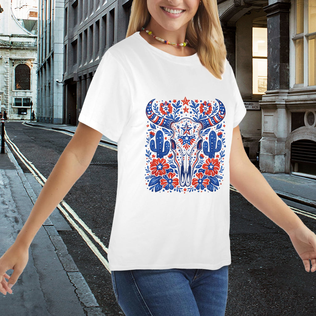 Patriotic Bull Skull T-Shirt — Western Folk Art Floral Longhorn Tee