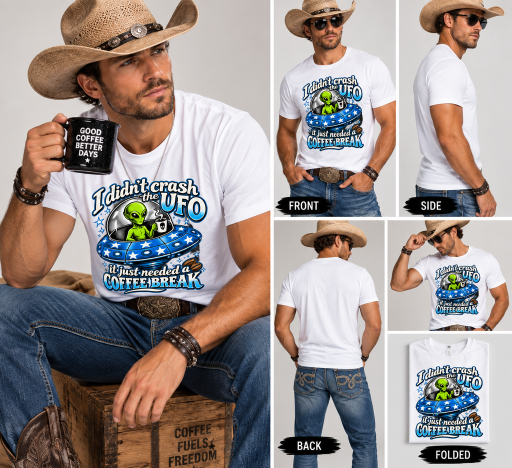 I Didn't Crash the UFO Unisex Tee  Funny Alien Coffee Break Graphic T-Shirt