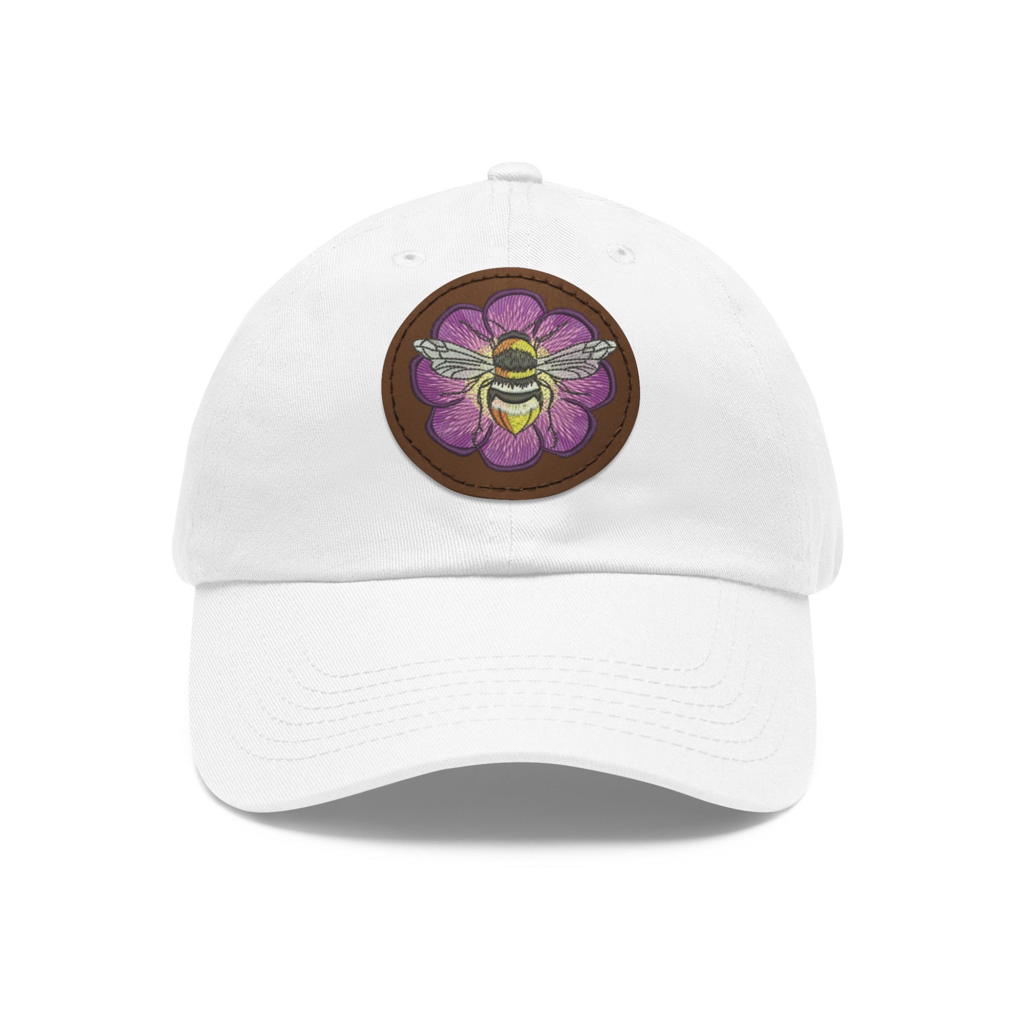 Bee on Purple Flower Leather Patch Dad Hat — Embroidered Nature Cap
