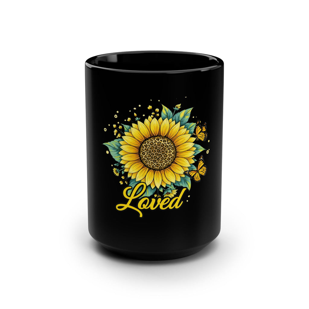Loved Sunflower 15oz Black Coffee Mug — Inspirational Floral Gift