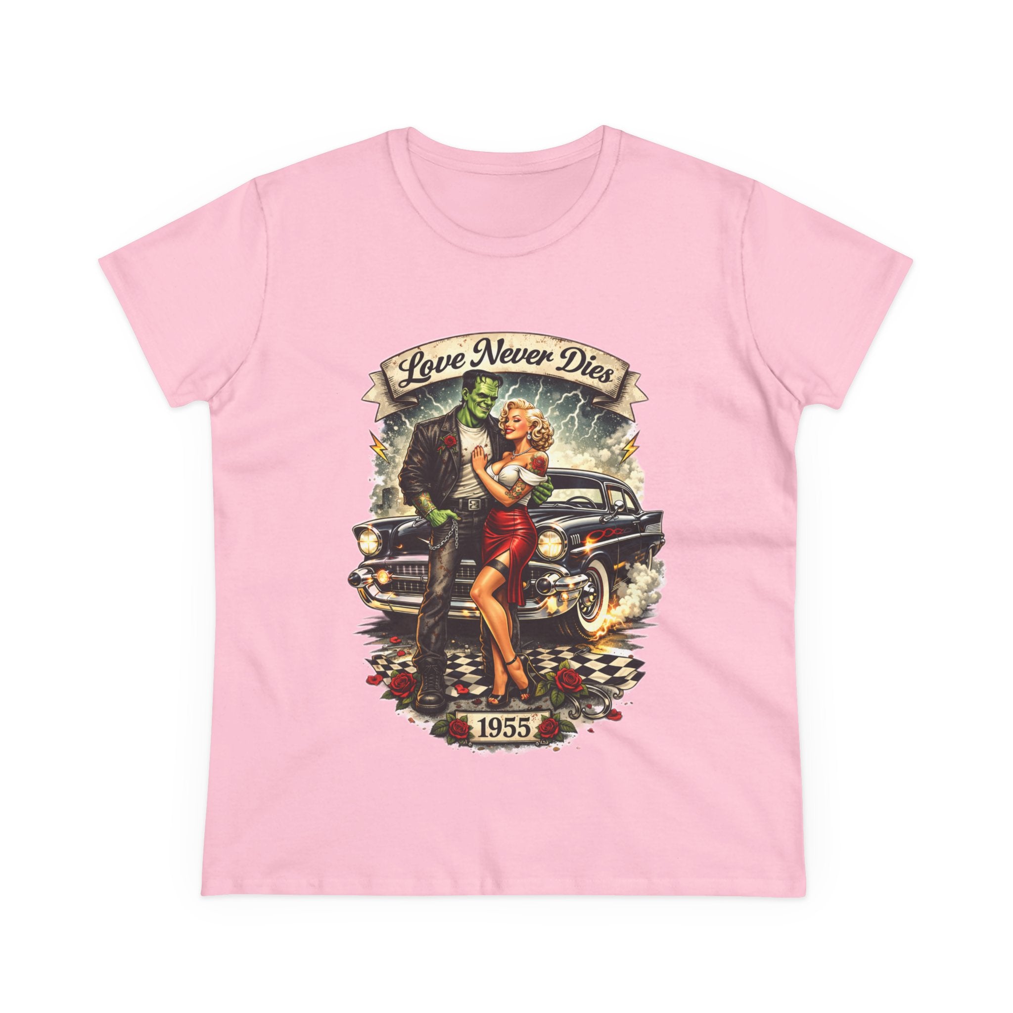 1955 Pinup Car Tee – "Love Never Dies" Vintage Rockabilly T-Shirt  LADIES