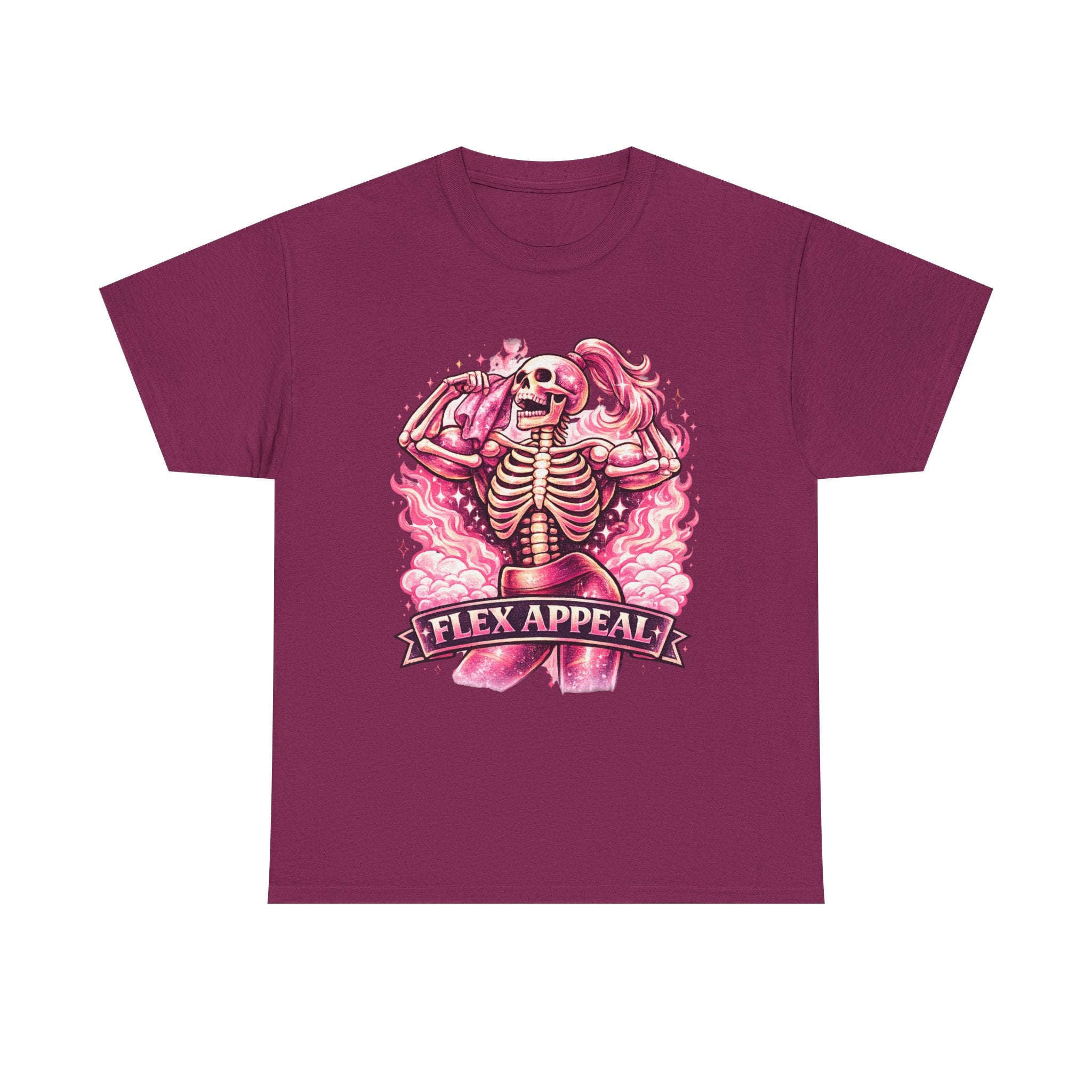 Flex Appeal Skeleton Tee — Pink Retro Gym Humor T‑Shirt