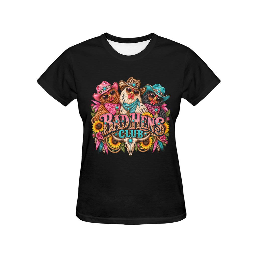 Bad Hens Club Women’s T-Shirt – Funny Western Chicken Cowgirl Graphic Tee