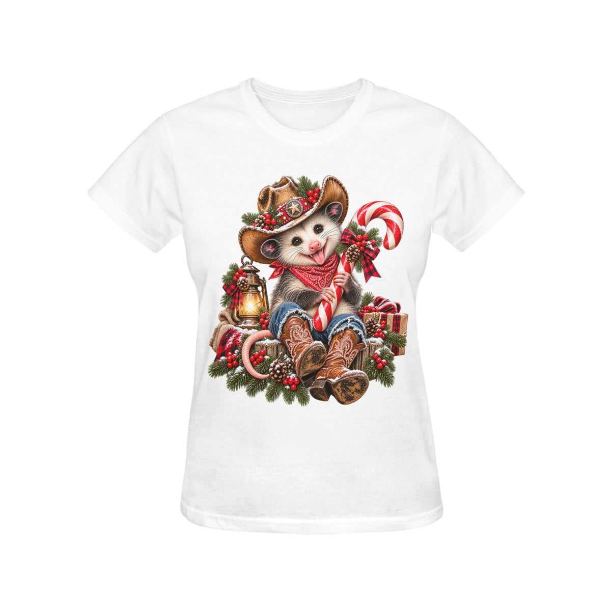 Pete the Possum Candy Cane Women’s Christmas Tee – Western Cowboy Holiday Shirt