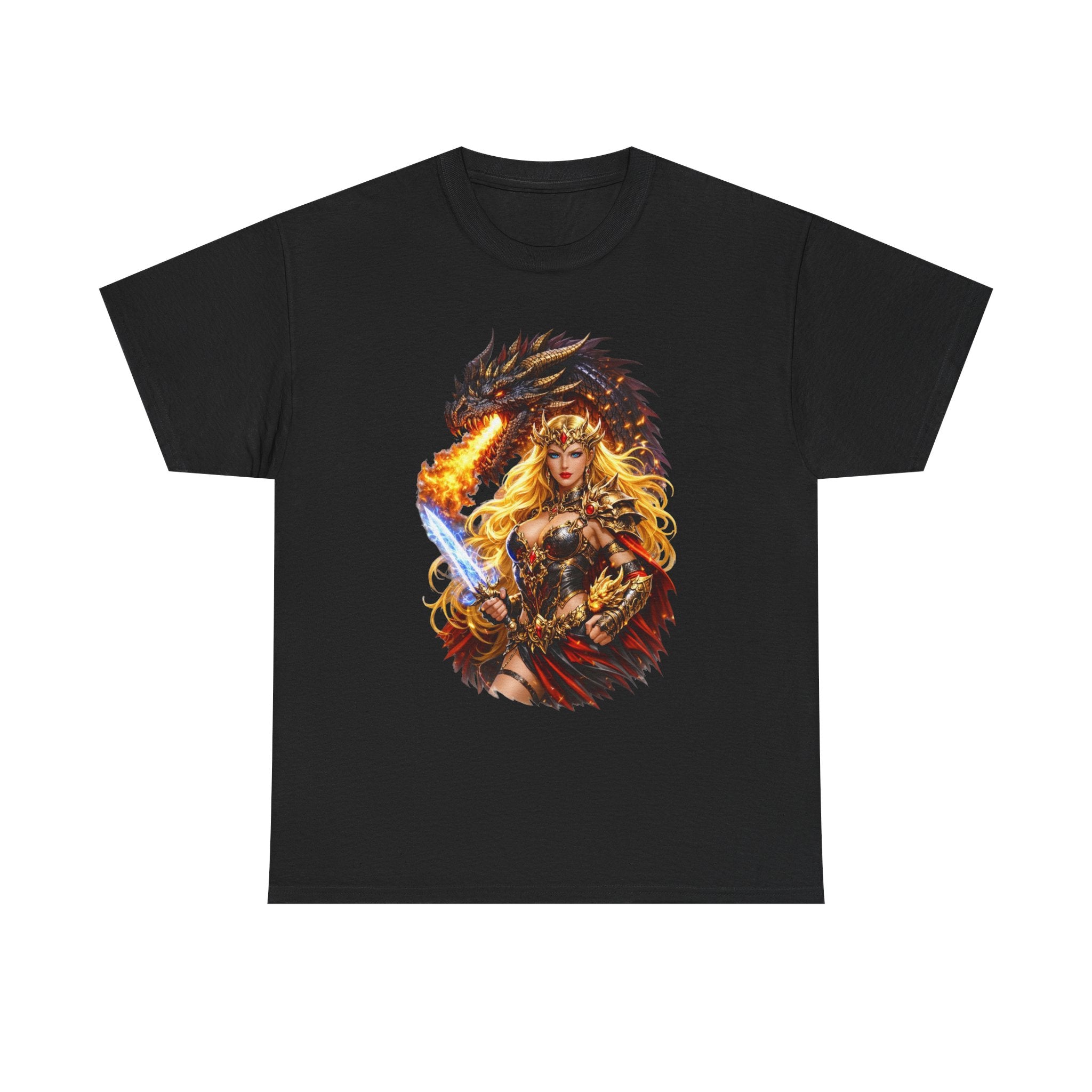 Fantasy Warrior  Fire born Goddess T-Shirt — Dragon & Sword Valkyrie Graphic Tee