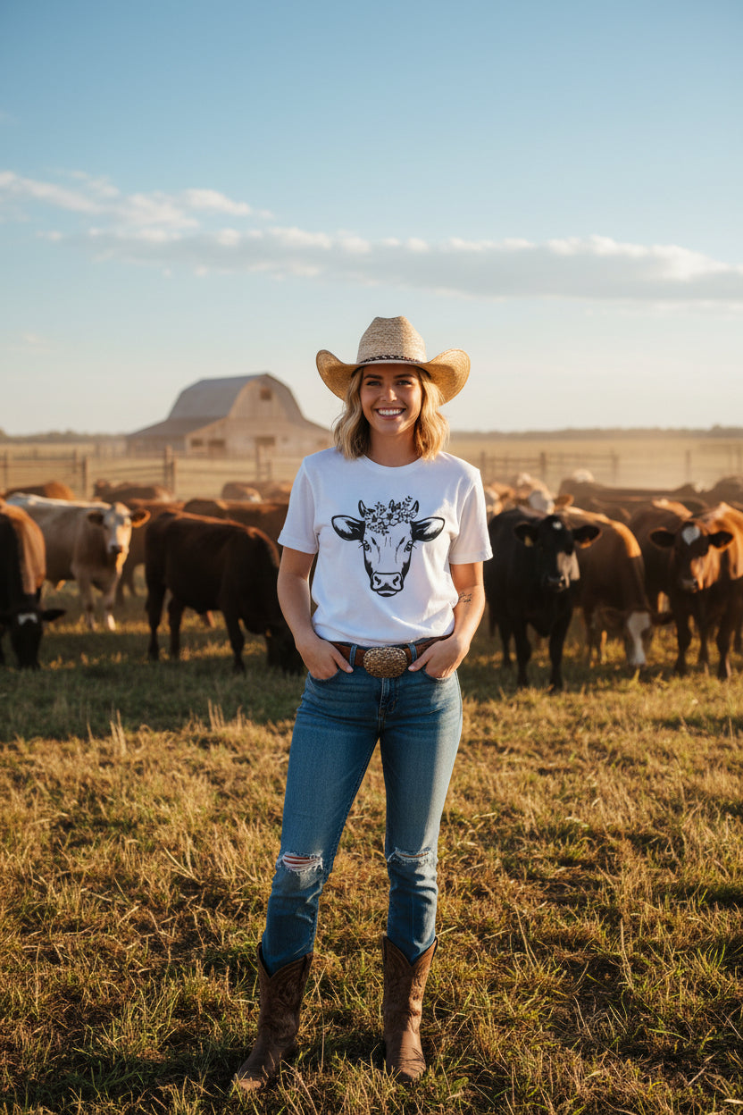 Cow Floral Crown T-Shirt Ranch life   I love Cows