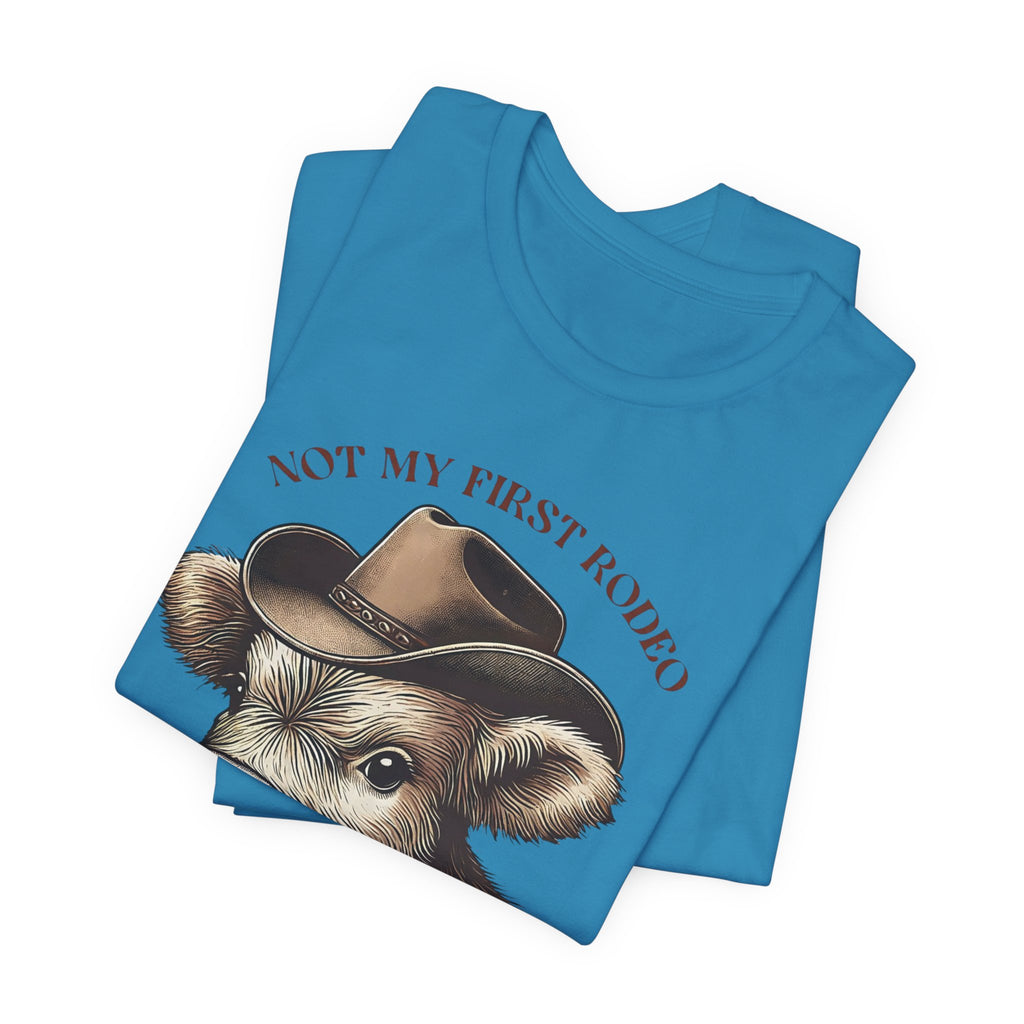Not My First Rodeo Cow Tee — Western Cow with Cowboy Hat Graphic