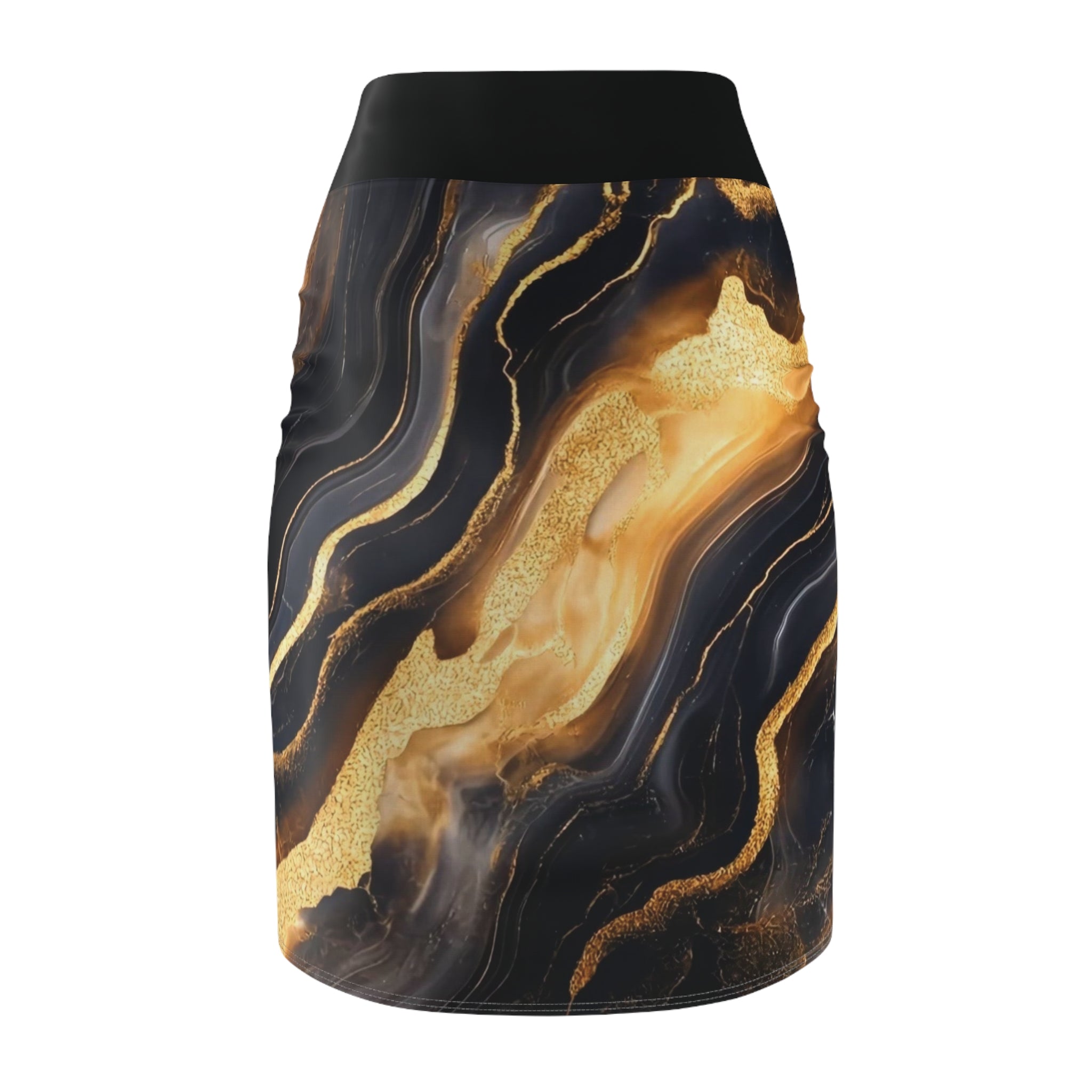 Gold Marble Pencil Skirt — Luxe Black & Gold Abstract Print