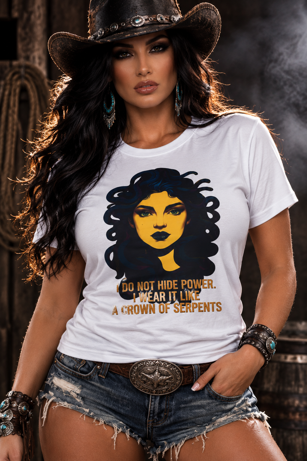 "I Do Not Hide Power. I Wear It Like a Crown of Serpents" Medusa T-Shirt — Bold Golden Empowerment Strong Woman Affirmation Tee | Wolf Hill Designs