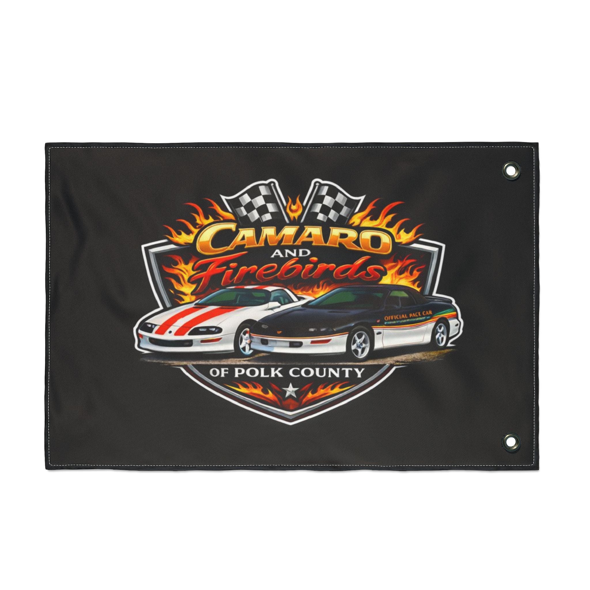 Camaro & Firebirds Double-Sided Car Flag — Polk County Racing Emblem