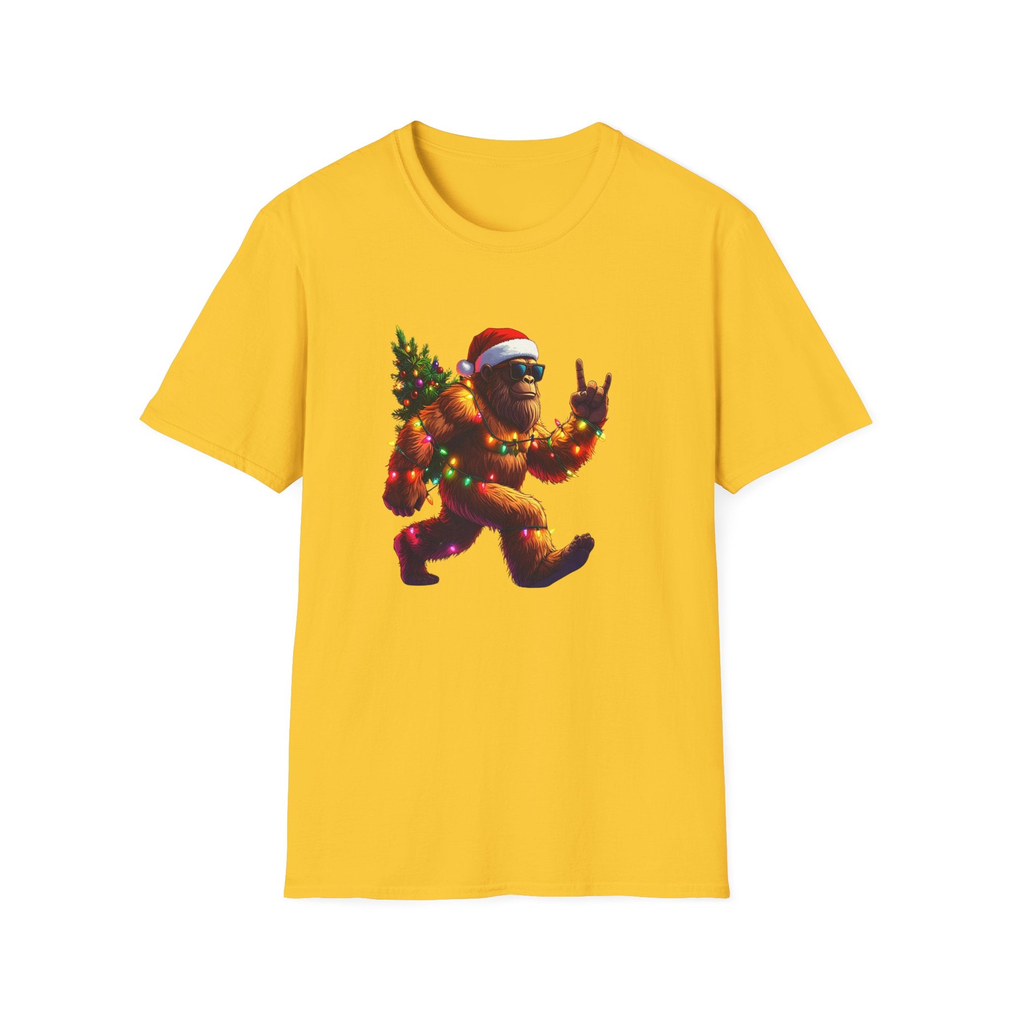 Christmas Sasquatch T-Shirt Festive Bigfoot with Santa Hat & Tree     Trendy TShirt