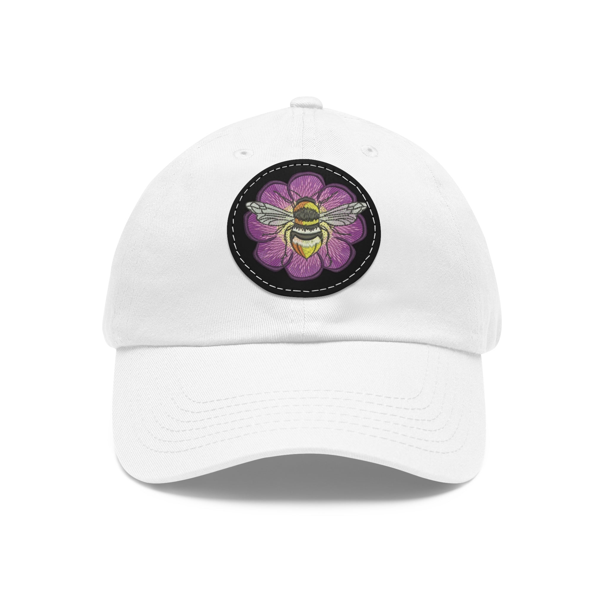 Bee on Purple Flower Leather Patch Dad Hat — Embroidered Nature Cap