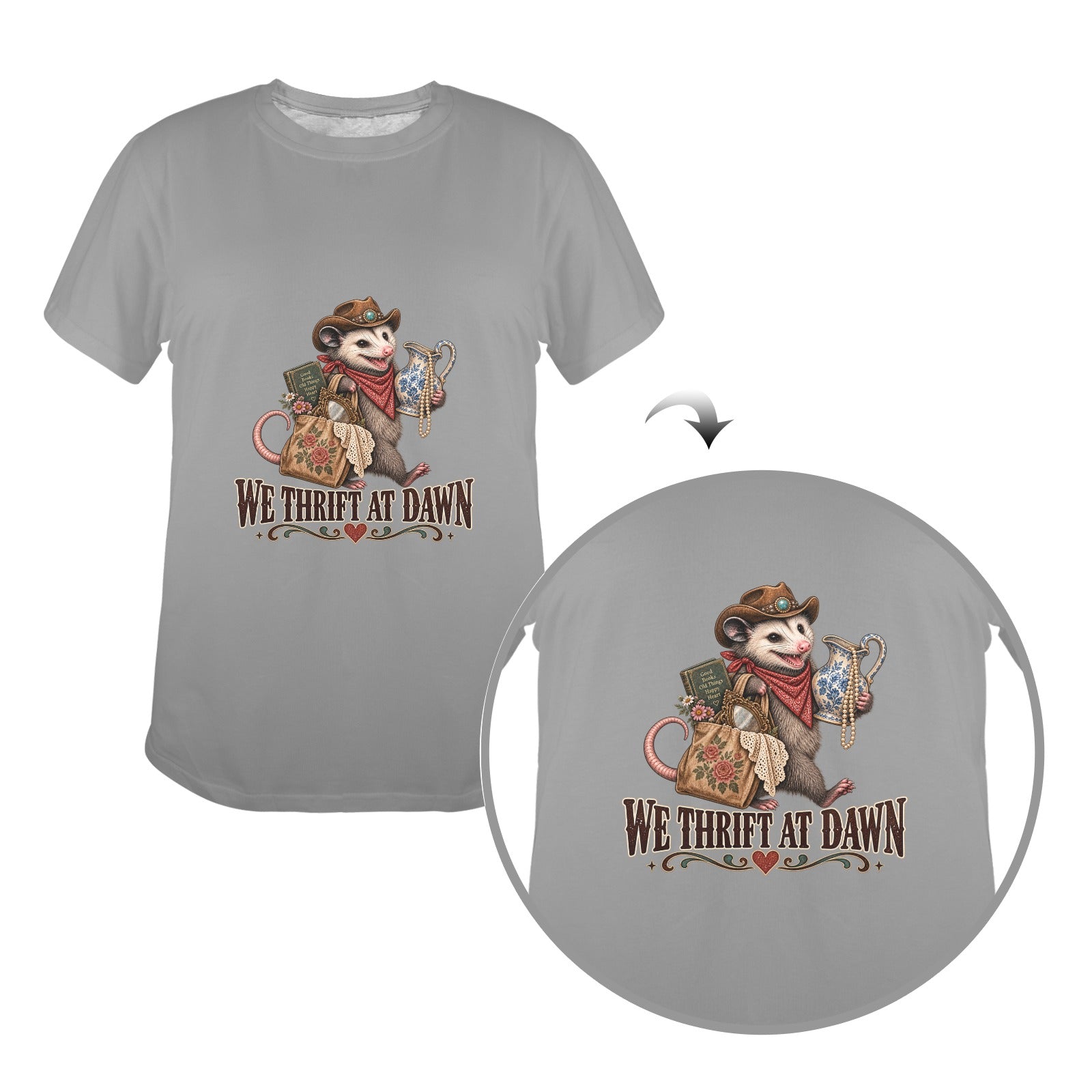 Pete’s Western Tee – We Thrift at Dawn | Funny Possum Shirt | Thrifting T-Shirt | Western Graphic Tee | Thrift Lover Gift