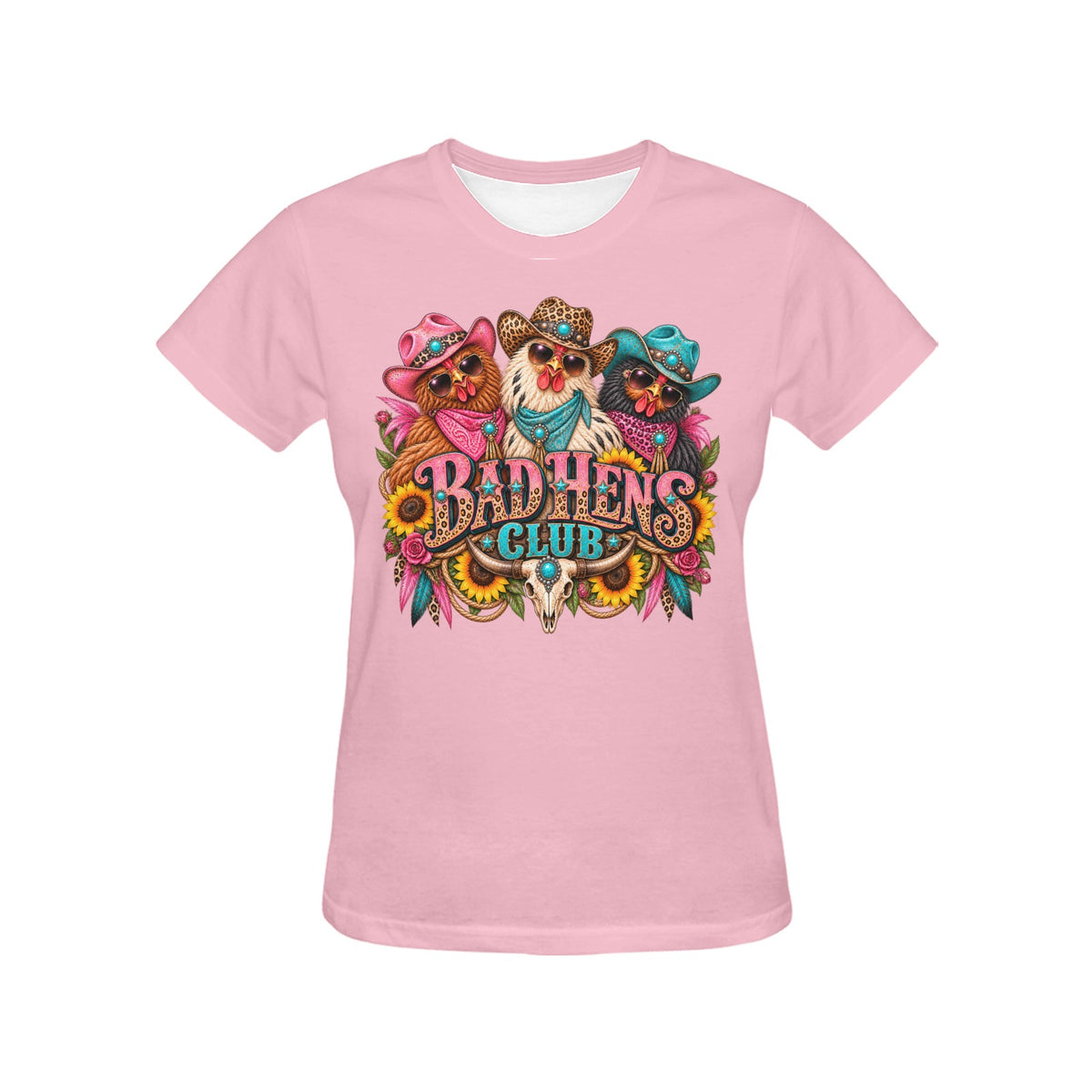 Bad Hens Club Women’s T-Shirt – Funny Western Chicken Cowgirl Graphic Tee
