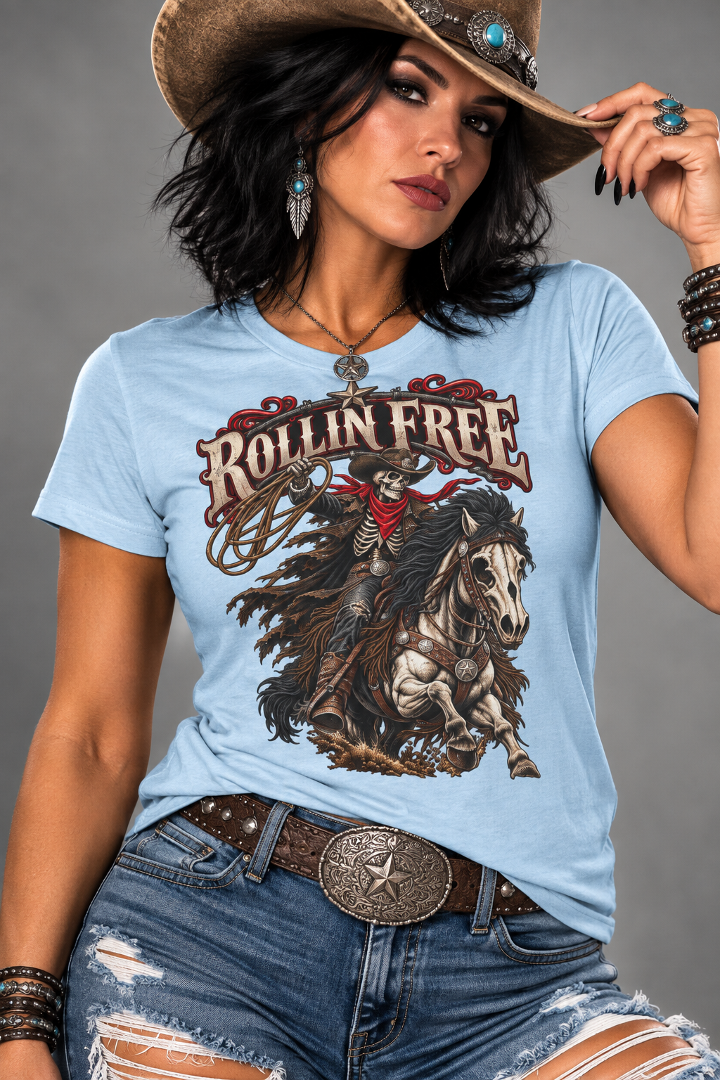 Rollin' Free Skeleton Cowboy Tee — Unisex Western Graphic T-Shirt