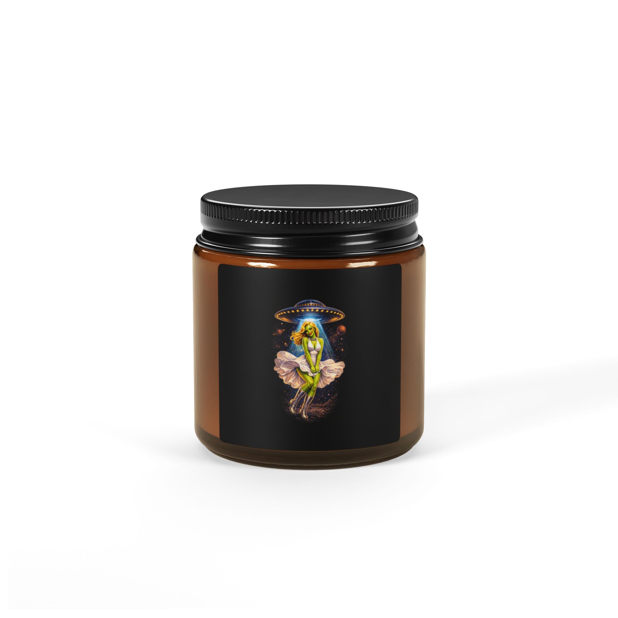 Alien Pin-Up Girl Scented Soy Candle — Amber Jar UFO Art