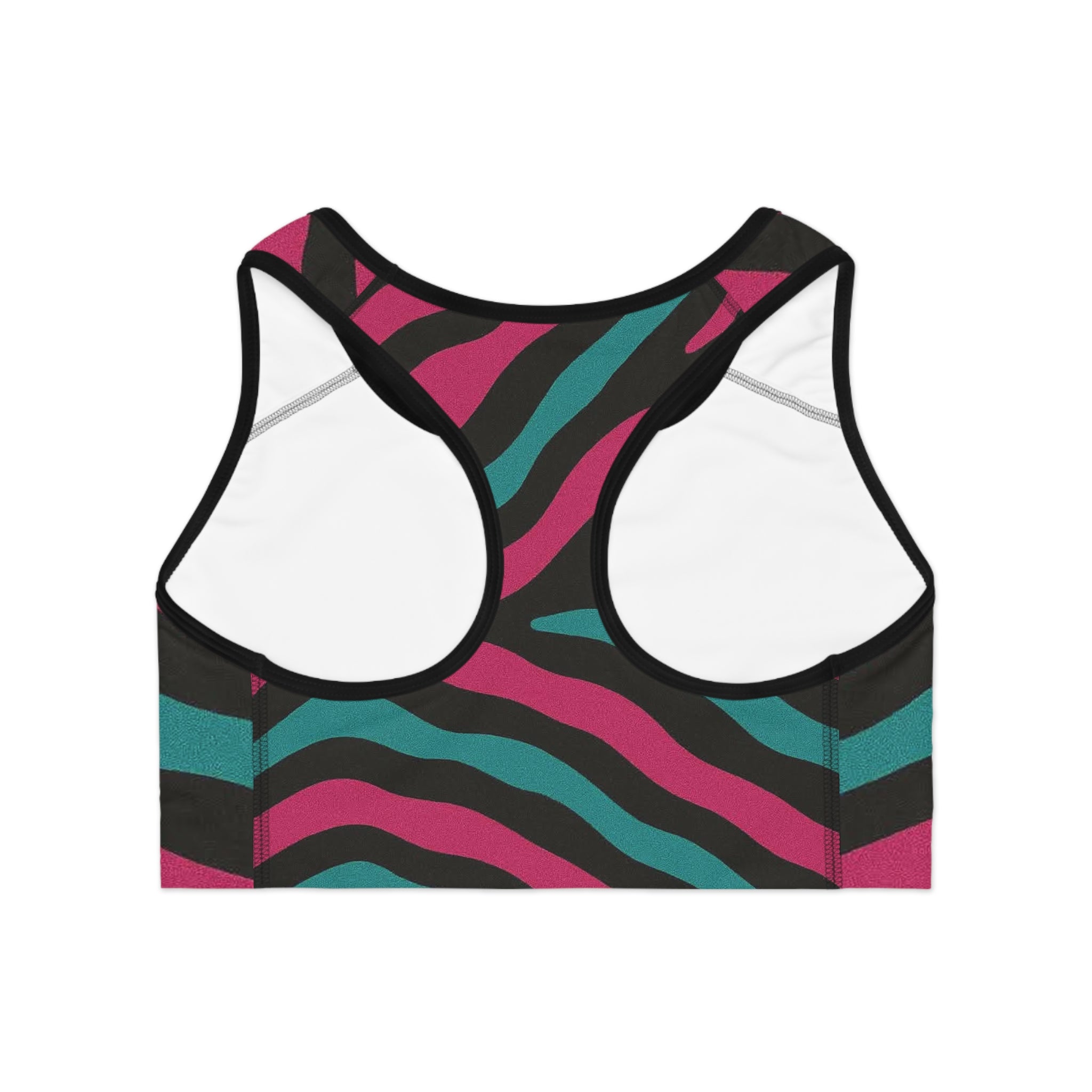 Bold Teal & Magenta Zebra Print Sports Bra – All-Over Print Workout Crop