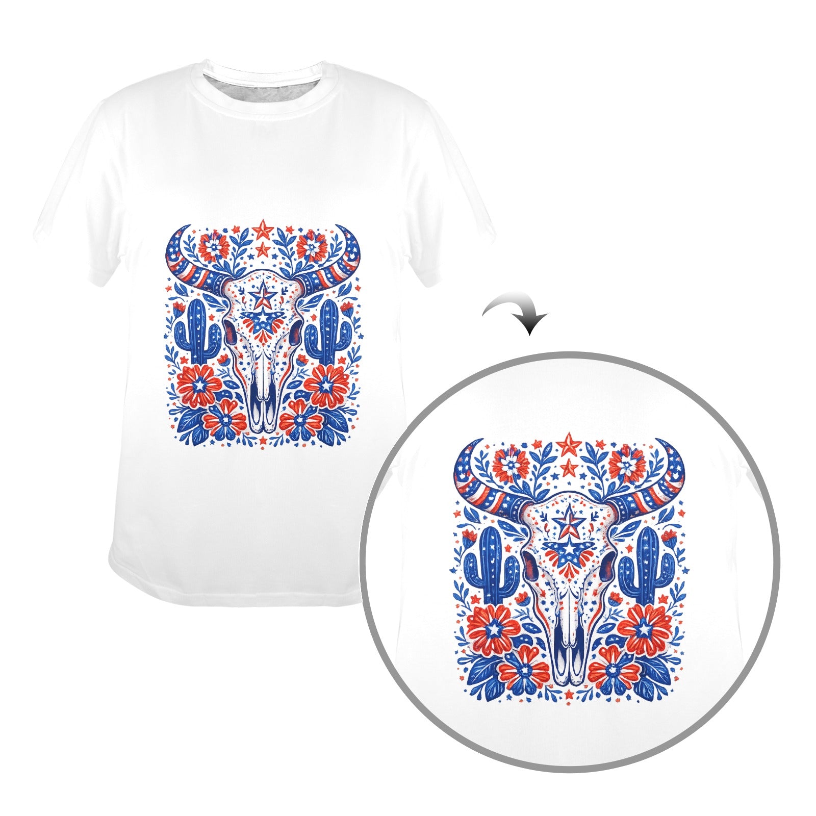 Patriotic Bull Skull T-Shirt — Western Folk Art Floral Longhorn Tee