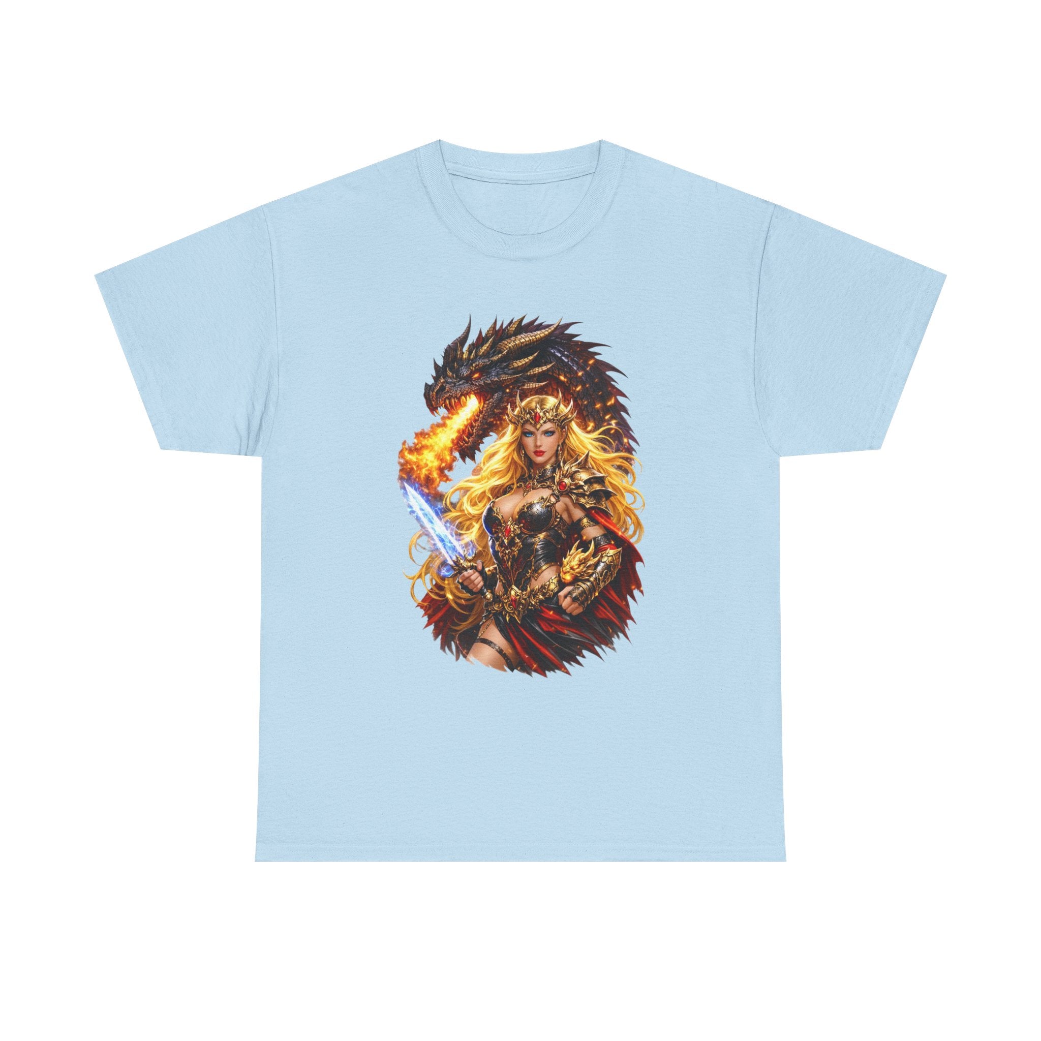 Fantasy Warrior  Fire born Goddess T-Shirt — Dragon & Sword Valkyrie Graphic Tee