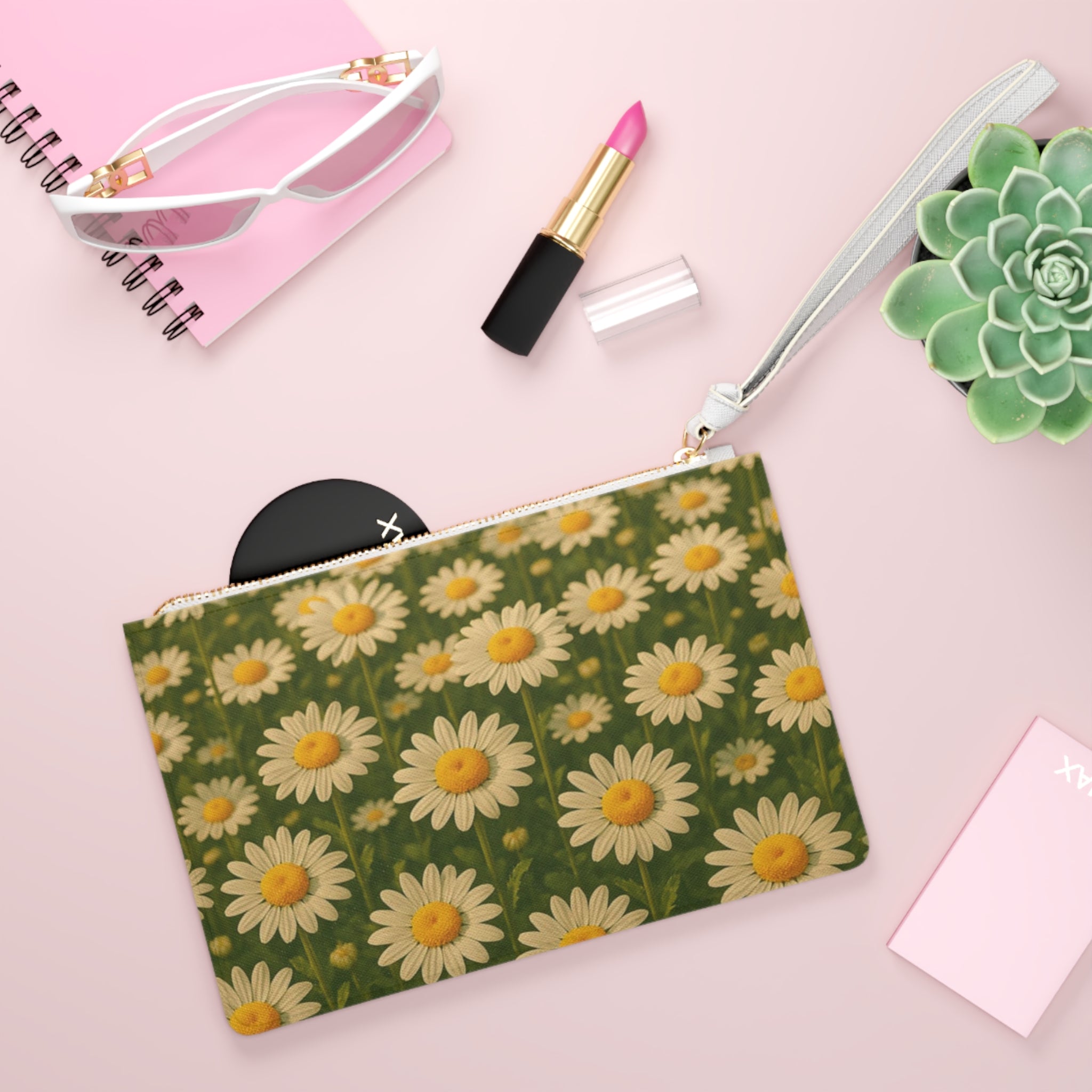 Daisy Field Clutch Bag - Floral Zip Pouch for Women, Spring Accessory, Wedding Gift, Stylish Makeup Bag, Cute Clutch
