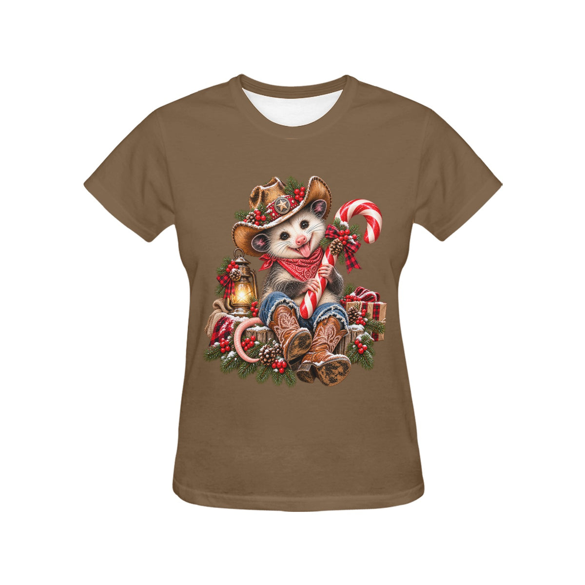 Pete the Possum Candy Cane Women’s Christmas Tee – Western Cowboy Holiday Shirt