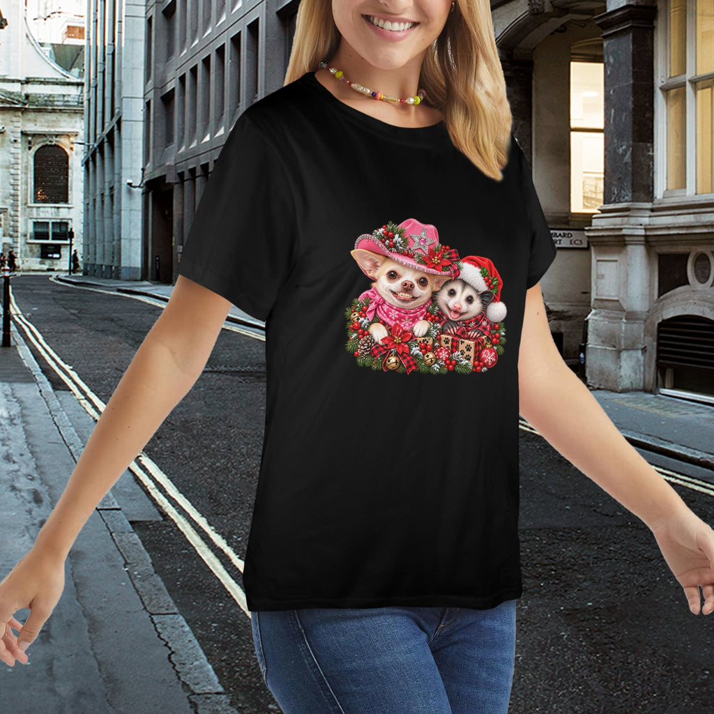 Coco & Pete’s Christmas Shenanigans Ladies T-Shirt – Funny Western Chihuahua & Possum Holiday Tee