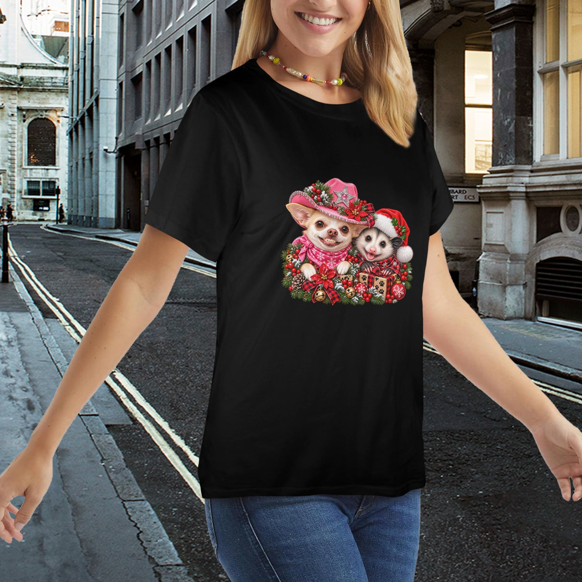 Coco & Pete’s Christmas Shenanigans Ladies T-Shirt – Funny Western Chihuahua & Possum Holiday Tee