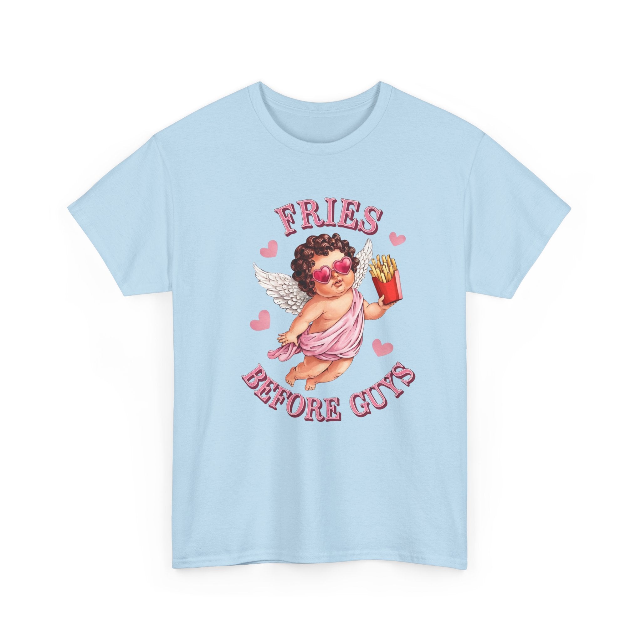 Fries Before Guys Valentine T‑Shirt — Cute Cupid with Fries Tee