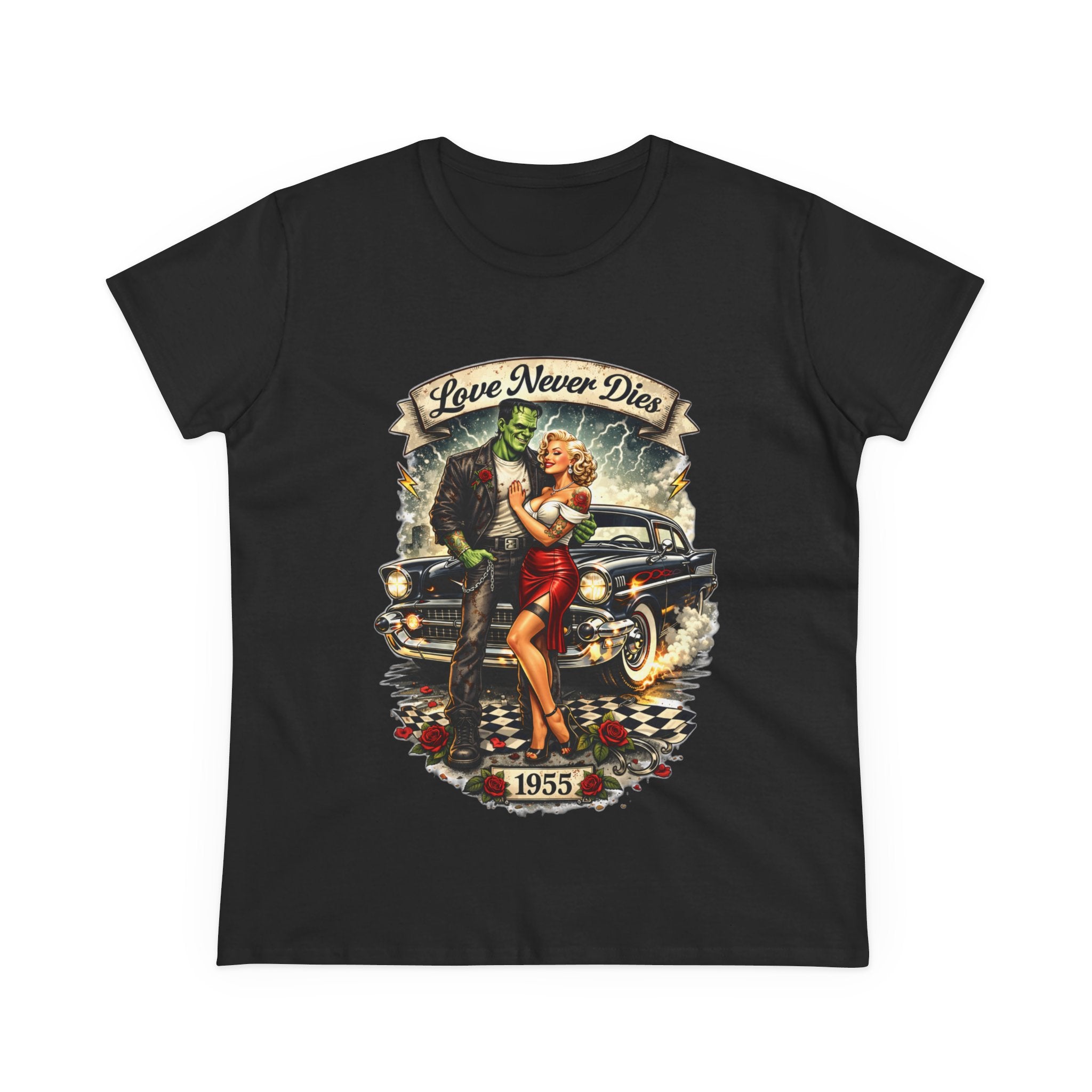 1955 Pinup Car Tee – "Love Never Dies" Vintage Rockabilly T-Shirt  LADIES