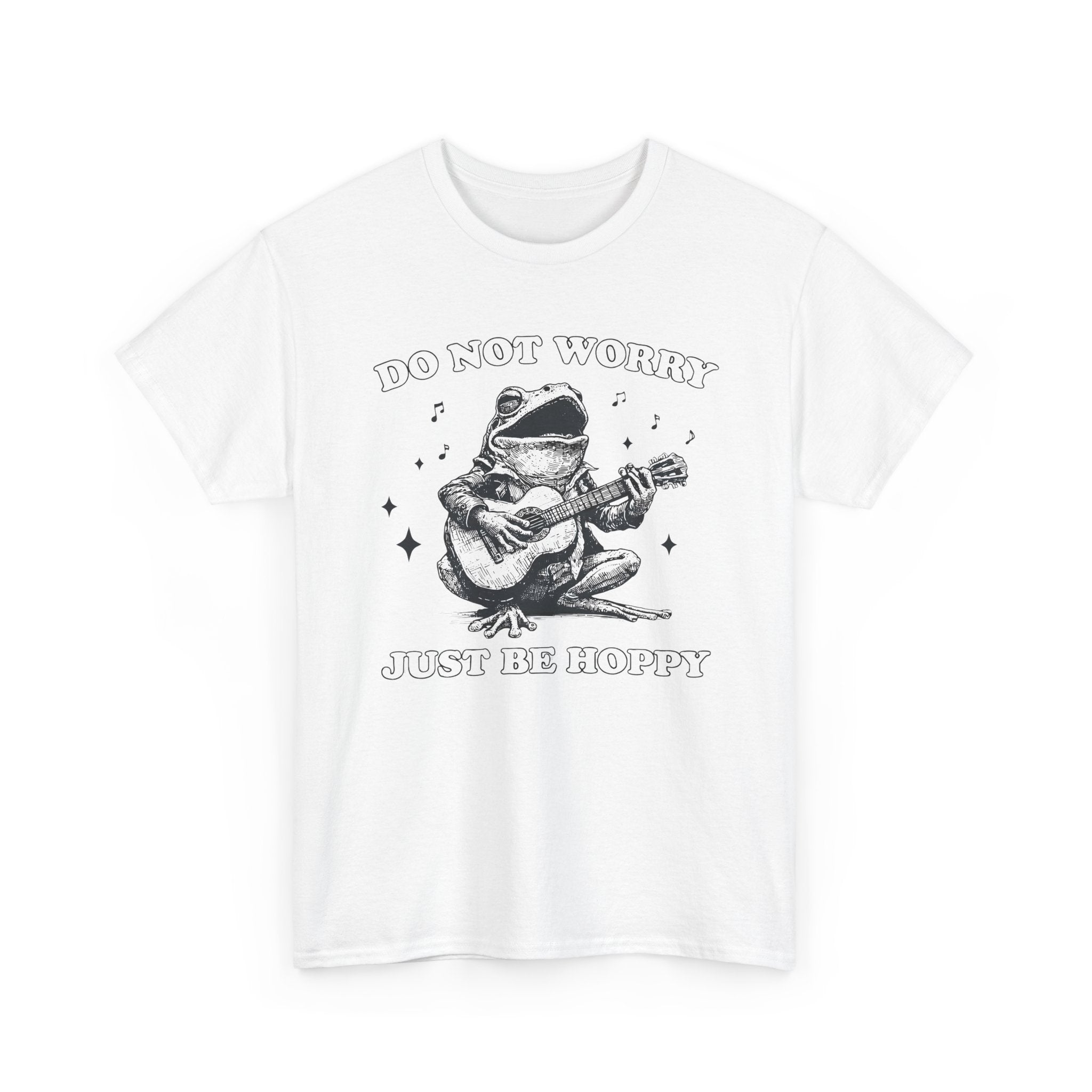 Do Not Worry Just Be Hoppy Frog Guitar Tee — Funny Positive Graphic T-Shirt