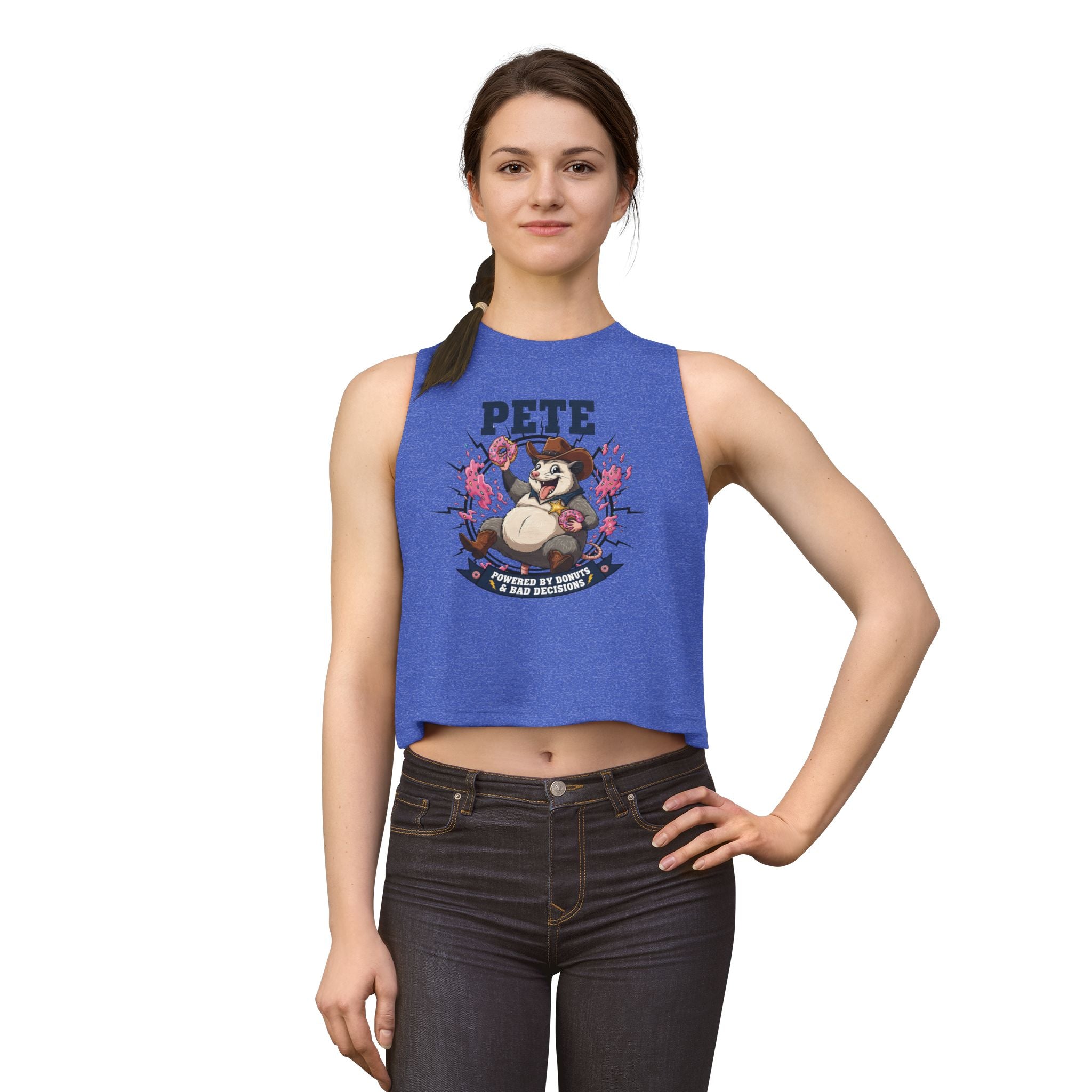 Pete Donut-Loving Raccoon Crop Top — "Powered by Donuts & Bad Decisions"