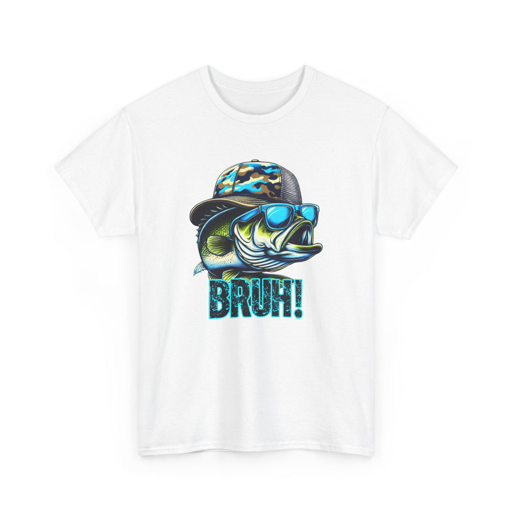 Fishing Fish Graphic Tee — 'BRUH!' Bass with Camo Hat & Sunglasses
