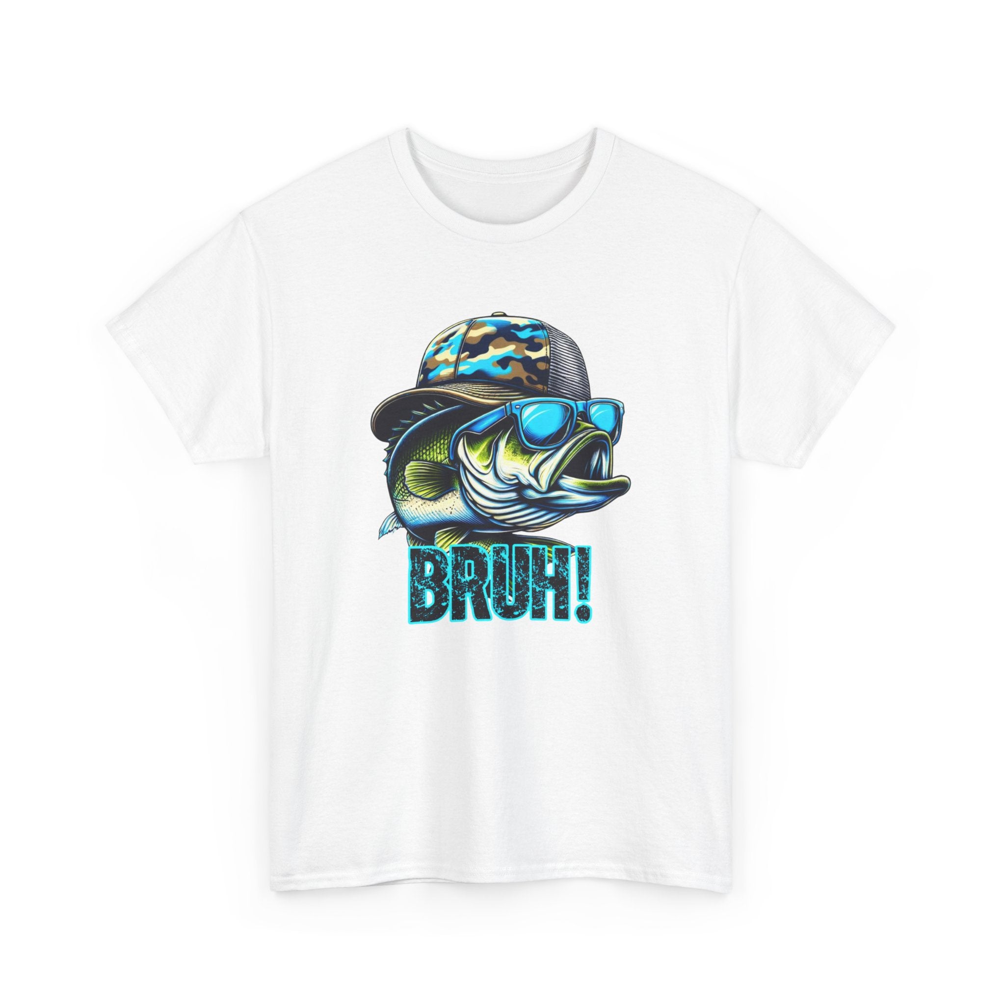 Fishing Fish Graphic Tee — 'BRUH!' Bass with Camo Hat & Sunglasses