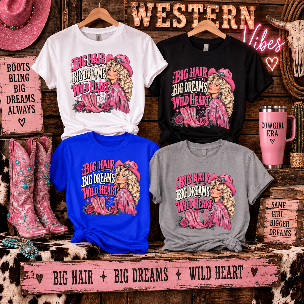 Big Hair Big Dreams Wild Heart Cowgirl Tee  Vintage Western  Pink Country Graphic