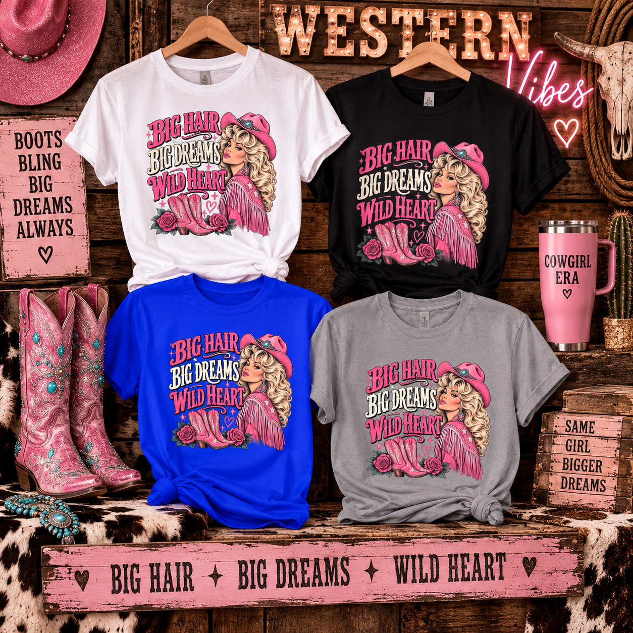 Big Hair Big Dreams Wild Heart Cowgirl Tee  Vintage Western  Pink Country Graphic