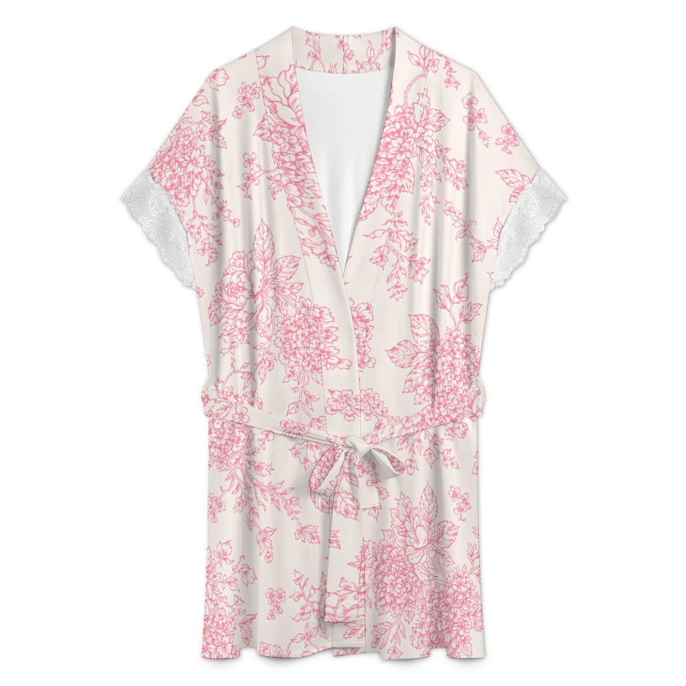 The Blush Garden Collection  Women's lace-trimmed short-sleeved bathrobe with belt