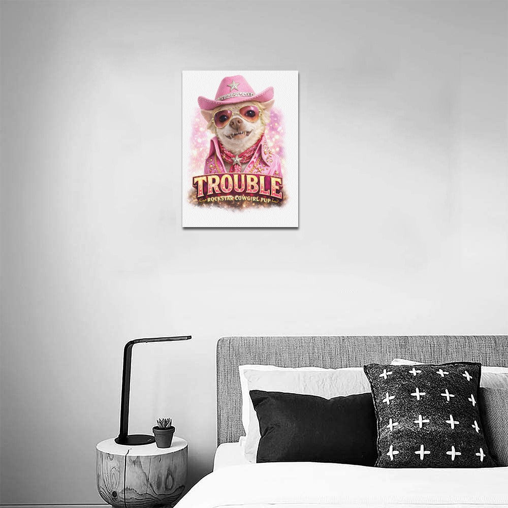 Coco "Trouble" – Rockstar Cowgirl Pup | Framed Canvas Print 11"x14"Coco "Trouble" – Rockstar Cowgirl Pup |