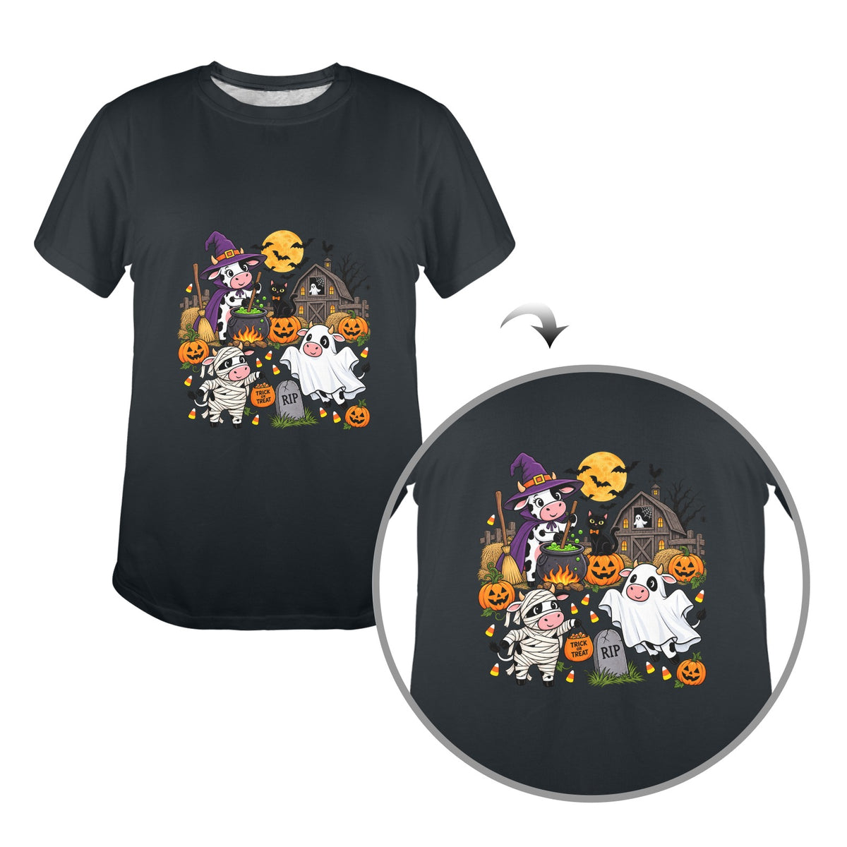 Spooky Farm Halloween Cows Women’s T-Shirt  Cute Trick or Treat Cow Tee