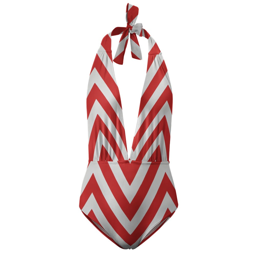 "The Monaco" — Red Chevron Halter One-Piece Swimsuit