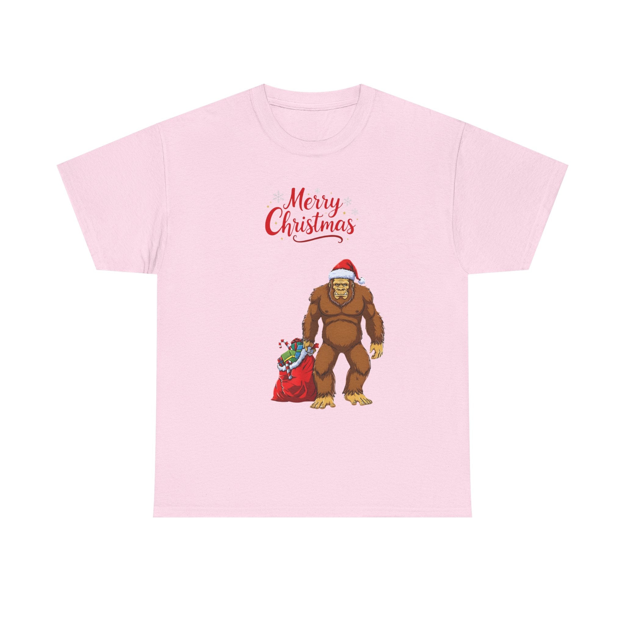 Christmas Sasquatch T-Shirt — "Merry Christmas" Bigfoot with Santa Hat & Gift Sack