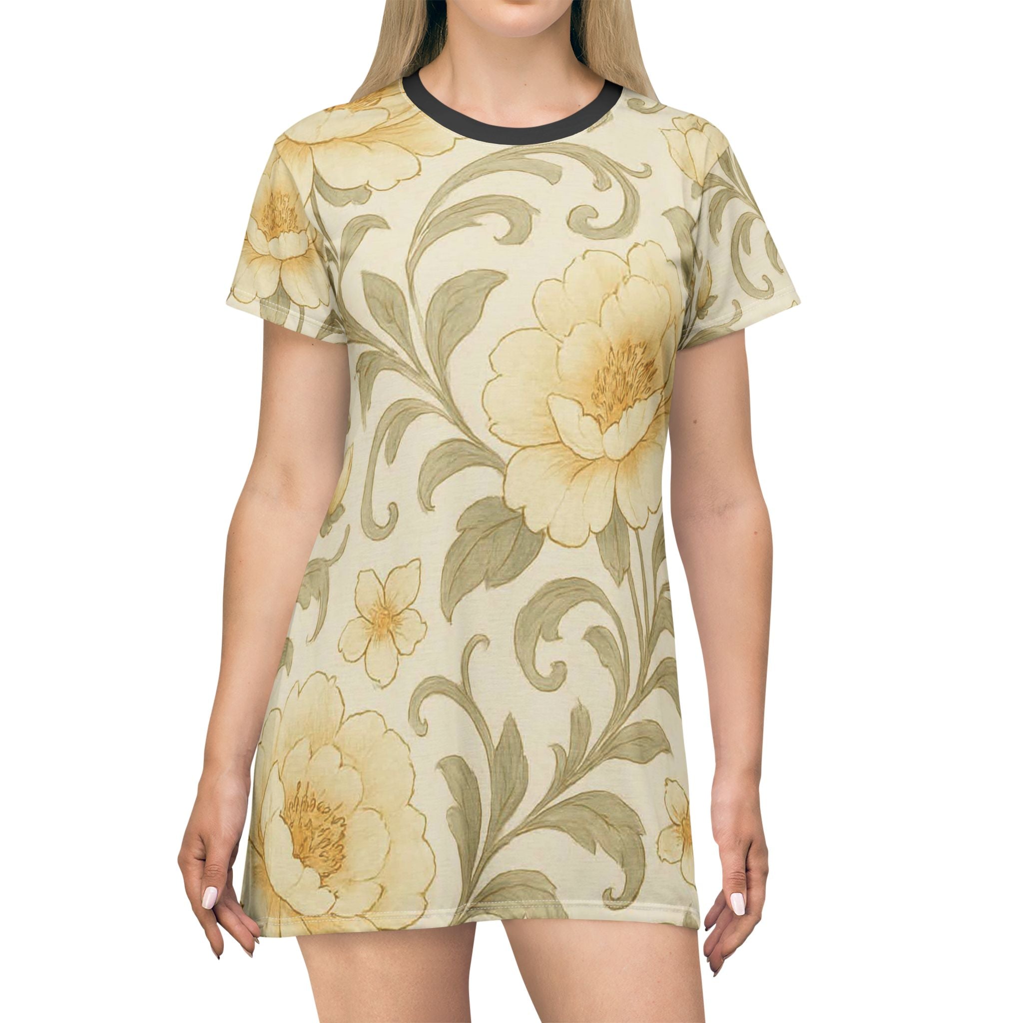 Floral Vintage Rose T-Shirt Dress – Soft Yellow All-Over Print
