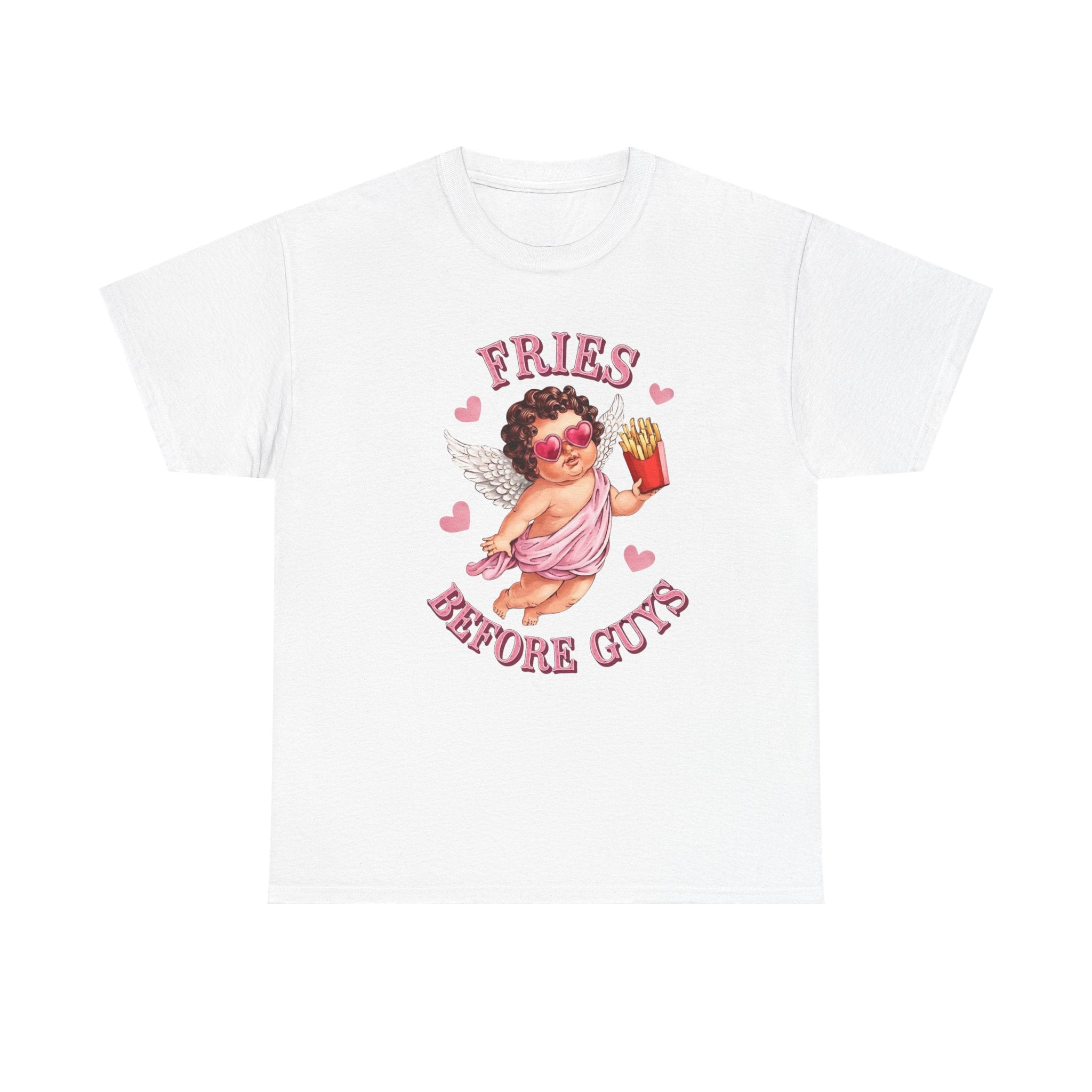 Fries Before Guys Valentine T‑Shirt — Cute Cupid with Fries Tee