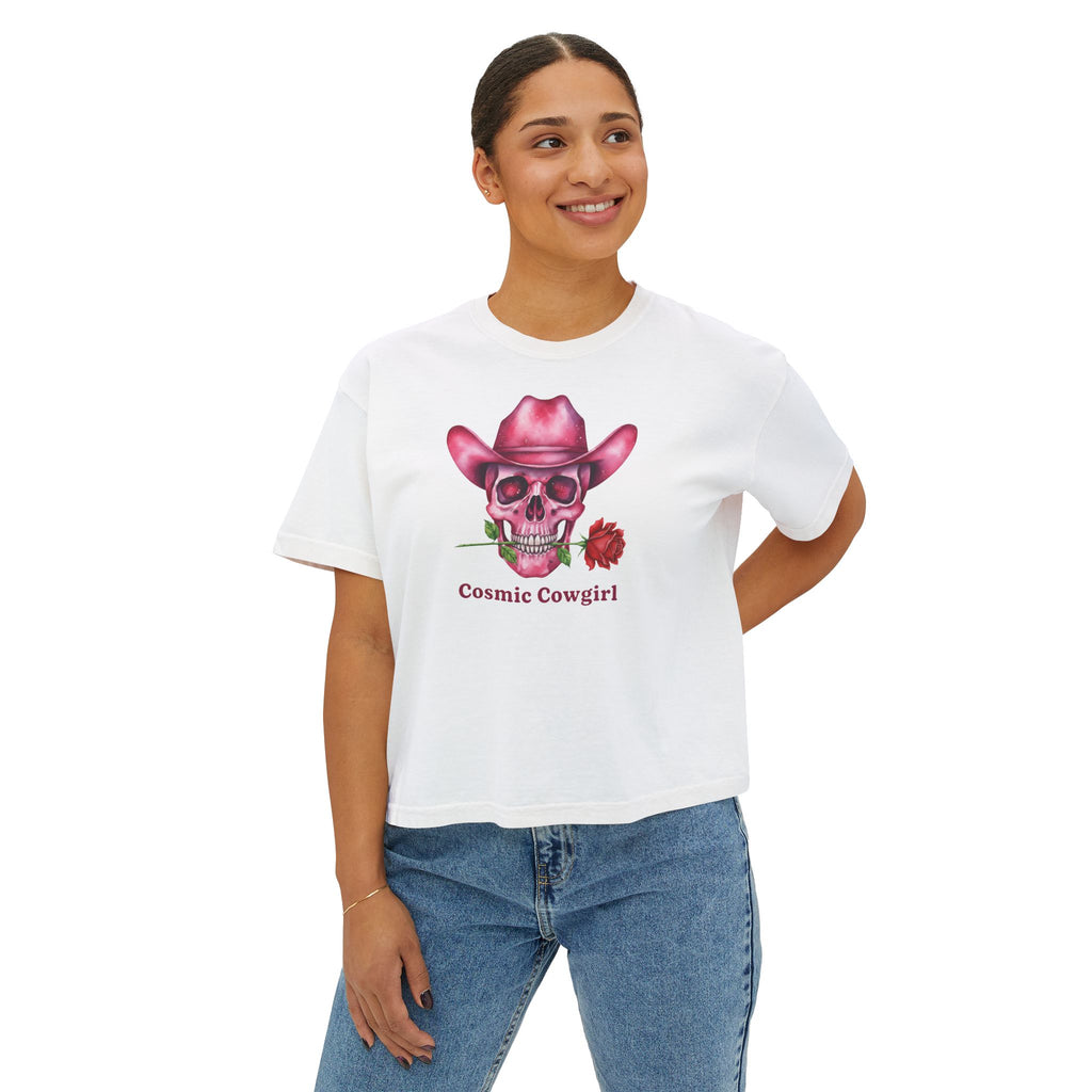 Cosmic Cowgirl Skull Tee — Women's Boxy Graphic T-Shirt