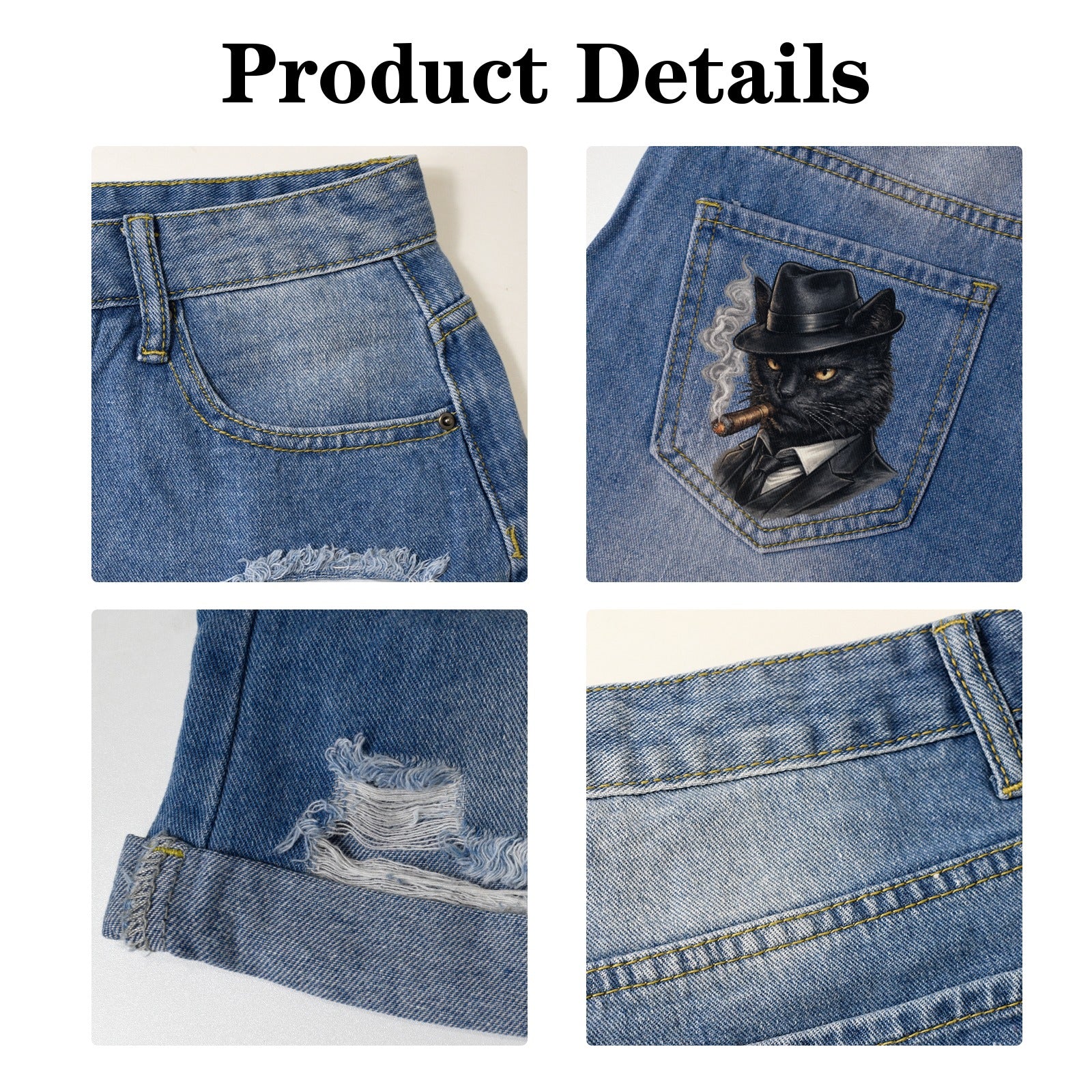 The Black Cat Mafia Denim Shorts made and ship usa