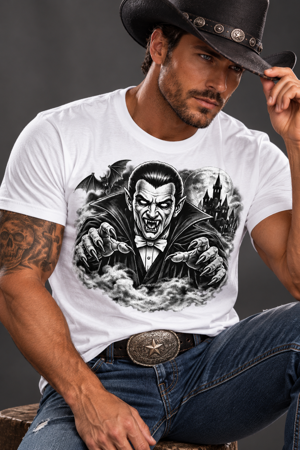Vintage Vampire Unisex T-Shirt | Gothic Dracula Halloween Tee | Retro Horror Vampire Shirt | Spooky Castle & Bats Graphic Tee