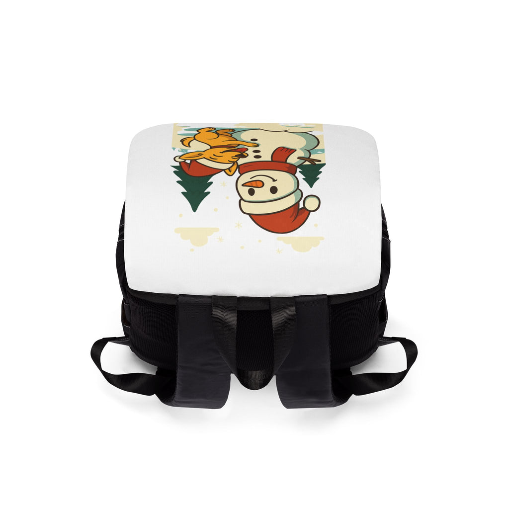Festive Unisex Casual Shoulder Backpack with Snowman and Dog Design | Holiday Gift, Cute Backpack, Winter Accessory, Casual Bag