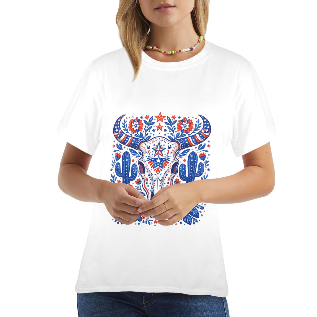 Patriotic Bull Skull T-Shirt — Western Folk Art Floral Longhorn Tee
