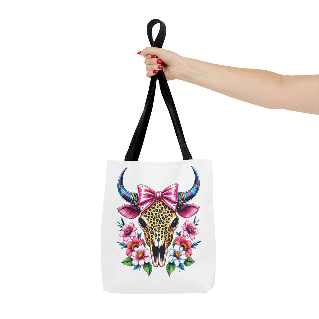 Cow Skull Floral Tote Bag — Colorful Western Chic with Pink Bow