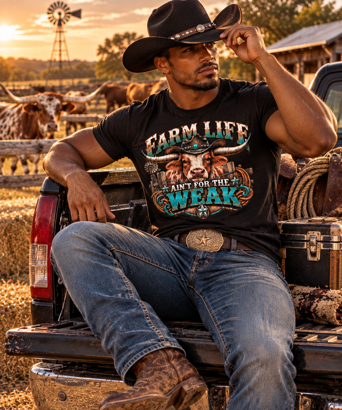 Farm Life Ain’t for the Weak Men’s Western T-Shirt – Longhorn Cowboy Ranch Graphic Tee