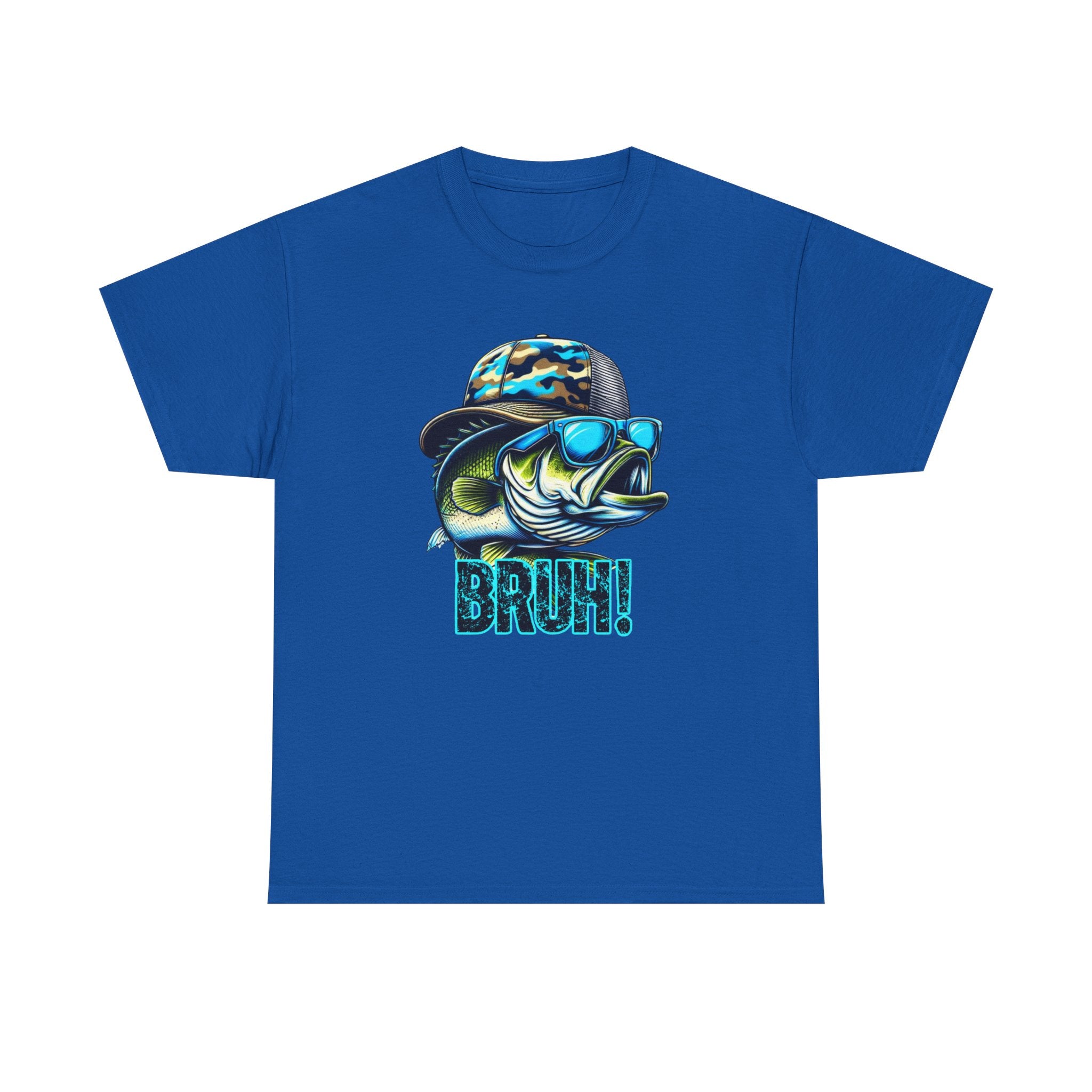 Fishing Fish Graphic Tee — 'BRUH!' Bass with Camo Hat & Sunglasses